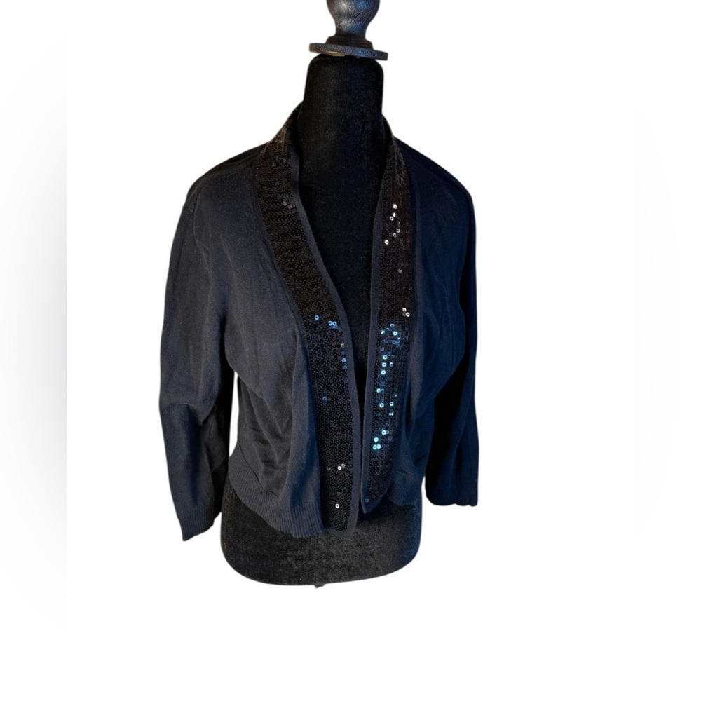 Allison Brittney Black Sequin Cropped Cardigan Open Front Sweater Ladies 1X